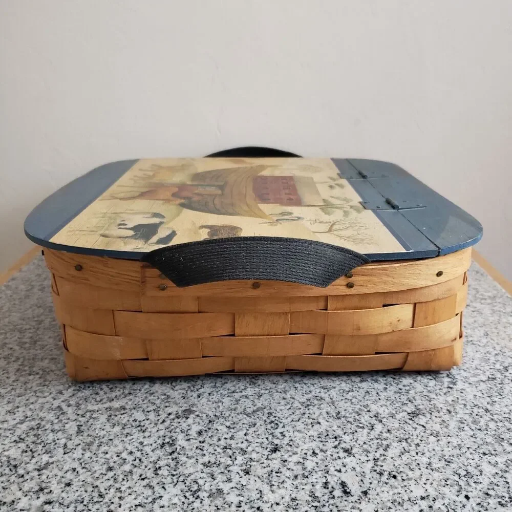 VTG Woven Wood Decoupage‎ Noah's Ark Lid w/Handles Hinge Top Home Décor Basket
